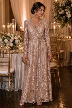 Vintage JCPenney 10P Taupe Rose Gold Lace Maxi Dress Petite Long Sleeve DressUSA